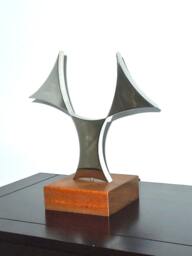 Metal Sculpture, Stainless Steel Wood Base Sculpture, Desktop Mirror Finished, Mahogany