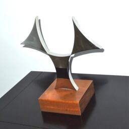 Metal Sculpture, Stainless Steel Wood Base Sculpture, Desktop Mirror Finished, Mahogany - thumbnail 2