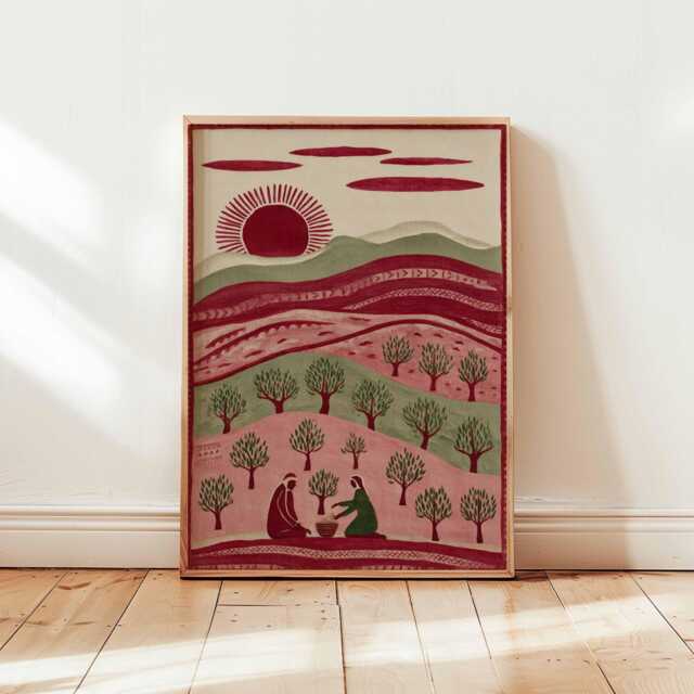 Palestine Poster, Middle East Palestinian Folk Art Print, Olive Tree Wall Art, Rural Village Decor, Cultural Posters & Prints - image 1