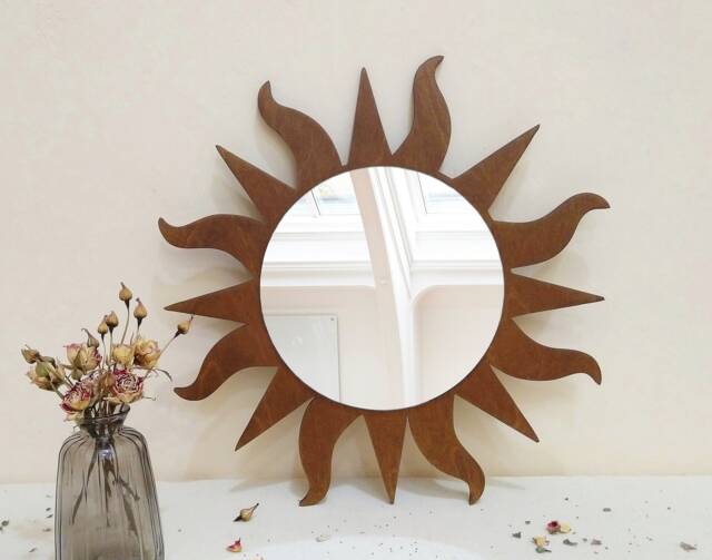Sunburst Wood Wall Mirror - Celestial Decor Boho Home Accent - image 1