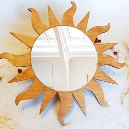 Dark Brown Sun Wooden Decorative Mirror, Sun With Wavy Rays Mirror Wall Decor, Rustic Vanity Sunburst Boho Living Room - thumbnail 3