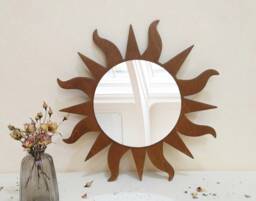 Dark Brown Sun Wooden Decorative Mirror, Sun With Wavy Rays Mirror Wall Decor, Rustic Vanity Sunburst Boho Living Room