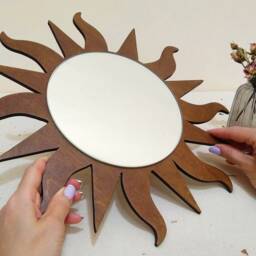 Dark Brown Sun Wooden Decorative Mirror, Sun With Wavy Rays Mirror Wall Decor, Rustic Vanity Sunburst Boho Living Room - thumbnail 2