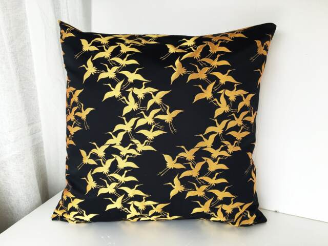 Black & Gold Crane Decor Pillow Cover, Golden Brocade Case, Japanese Geometric Obi Brocade, Sofa Bedding, Kimono Throw Case - image 1