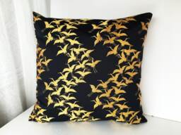 Black & Gold Crane Decor Pillow Cover, Golden Brocade Case, Japanese Geometric Obi Brocade, Sofa Bedding, Kimono Throw Case