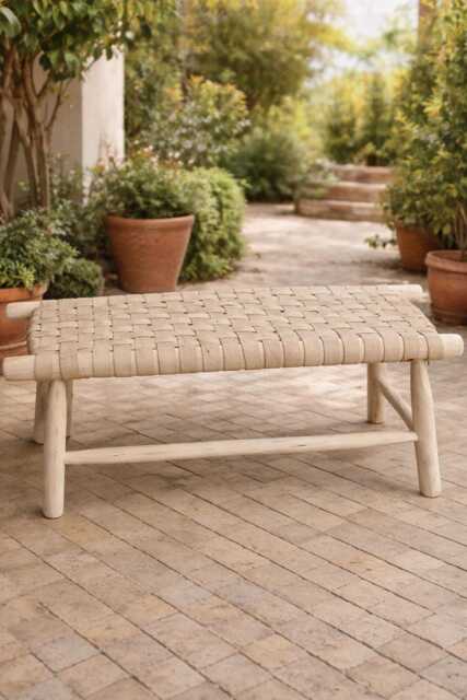Handwoven Moroccan Leather Bench, Boho Wooden Seating, Eucalyptus Wood - image 1