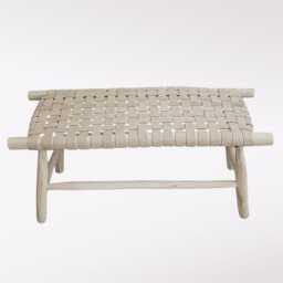 Handwoven Moroccan Leather Bench, Boho Wooden Seating, Eucalyptus Wood - thumbnail 3