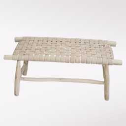 Handwoven Moroccan Leather Bench, Boho Wooden Seating, Eucalyptus Wood - thumbnail 2