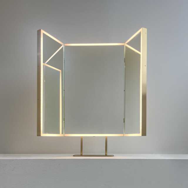 Illuminated Triptych Countertop Mirror With Handcrafted Brass Frame & Backing - image 1