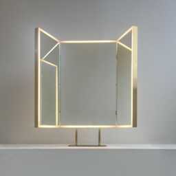Illuminated Triptych Countertop Mirror With Handcrafted Brass Frame & Backing