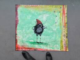 Hand-Painted Whimsical Raven Floorcloth Abstract Bird Art Canvas Rug, Washable Wall Or Floor Mat - thumbnail 1