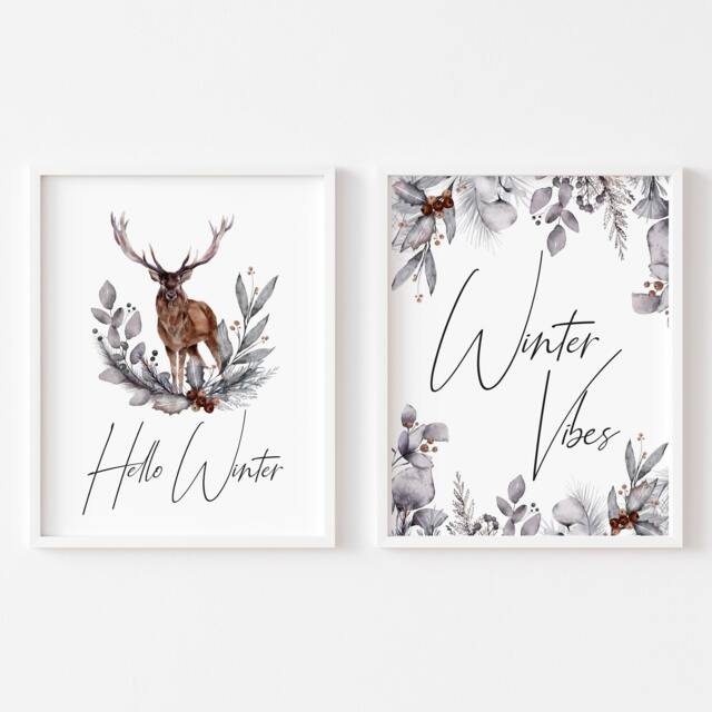 Winter Stag Prints Set Seasonal Foliage Wall Art - Unframed - image 1