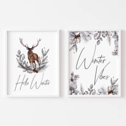 Winter Stag Prints Set Seasonal Foliage Wall Art - Unframed - thumbnail 1