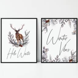 Winter Stag Prints Set Seasonal Foliage Wall Art - Unframed - thumbnail 2