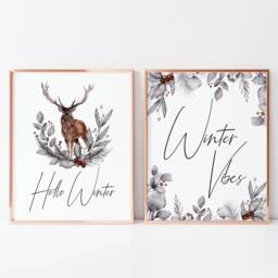 Winter Stag Prints Set Seasonal Foliage Wall Art - Unframed - thumbnail 3
