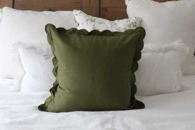 Khaki Green Scalloped Edge Cushion Cover - 45x45 cm Cotton Throw Pillow Neutral Sofa & Decor UK Home Accent - image 1