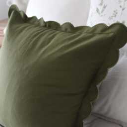 Khaki Green Scalloped Edge Cushion Cover - 45x45 cm Cotton Throw Pillow Neutral Sofa & Decor UK Home Accent - thumbnail 2