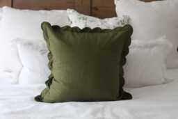 Khaki Green Scalloped Edge Cushion Cover - 45x45 cm Cotton Throw Pillow Neutral Sofa & Decor UK Home Accent - thumbnail 1