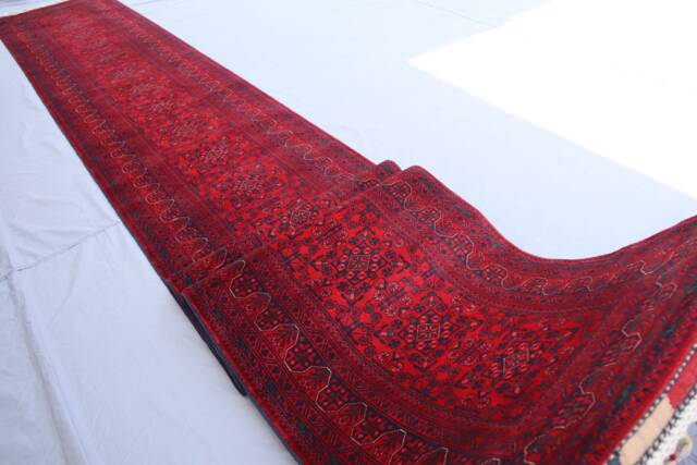 20 Ft Extra Long Runner Rug, Red Afghan Hand Knotted Veg Dyes Wool Oriental Runner, Hallway Turkmen Tribal Bukhara Carpet - image 1