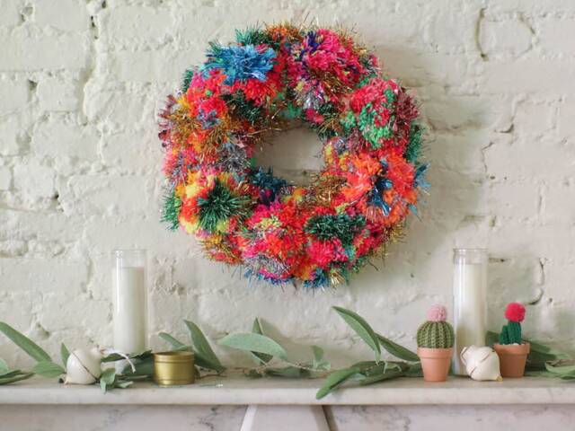 Handmade Rainbow Tinsel Pom Wreath - Colourful Christmas Door D??cor - image 1