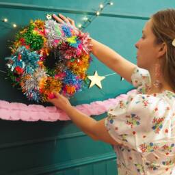 Handmade Rainbow Tinsel Pom Wreath - Colourful Christmas Door D??cor - thumbnail 3