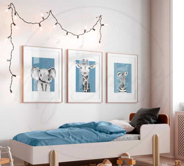 Blue Nursery Wall Art Prints With Giraffe, Elephant & Zebra, Set Of 3 Safari Animal For Baby Boys Room, Decor - image 1