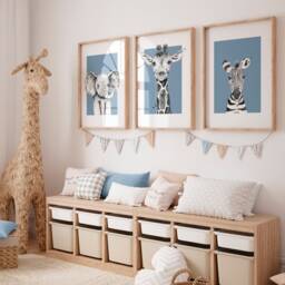 Blue Nursery Wall Art Prints With Giraffe, Elephant & Zebra, Set Of 3 Safari Animal For Baby Boys Room, Decor - thumbnail 3