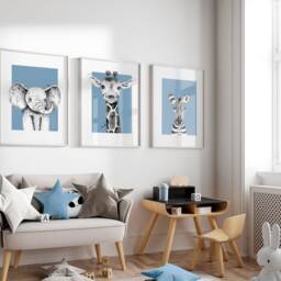 Blue Nursery Wall Art Prints With Giraffe, Elephant & Zebra, Set Of 3 Safari Animal For Baby Boys Room, Decor - thumbnail 2