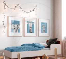 Blue Nursery Wall Art Prints With Giraffe, Elephant & Zebra, Set Of 3 Safari Animal For Baby Boys Room, Decor - thumbnail 1