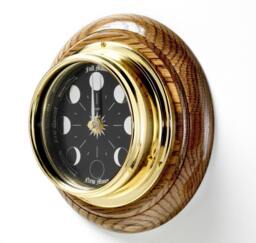 Tabic Prestige Handmade Brass Moon Phase Clock With A Jet Black Dial Mounted On Solid English Oak Mount