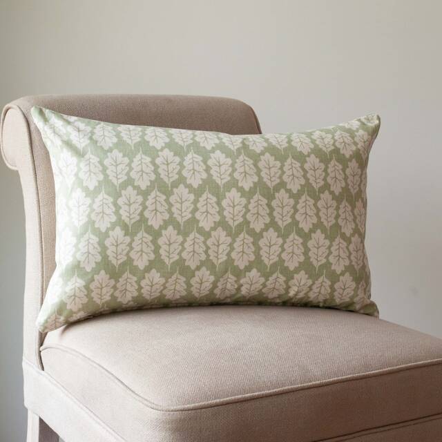 Autumn Leaf Xl Rectangular Cushion in Sage Green & White. Summer Inspired Shabby Chic Style, 100% Sustainable Cotton, Double Sided. 23X15 - image 1