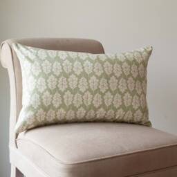 Autumn Leaf Xl Rectangular Cushion in Sage Green & White. Summer Inspired Shabby Chic Style, 100% Sustainable Cotton, Double Sided. 23X15 - thumbnail 1