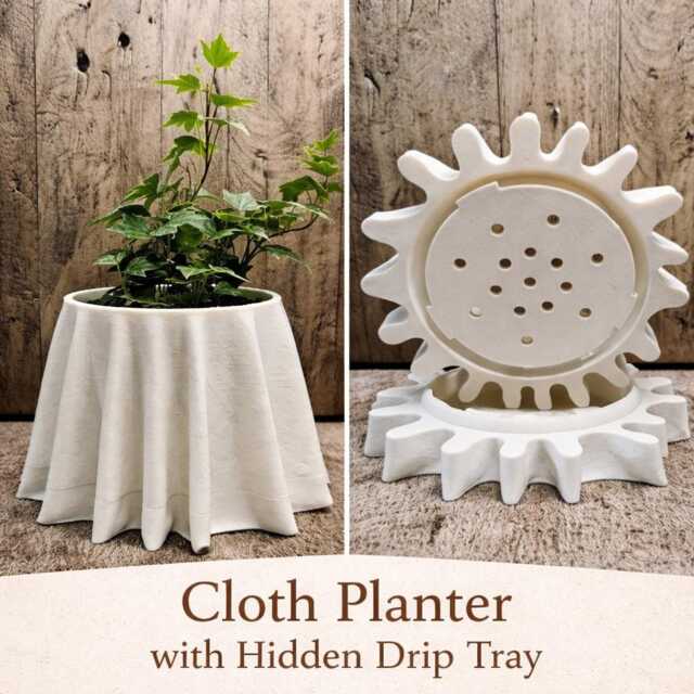 Cloth Effect Planter With Hidden Drip Tray - Modern Tabletop Plant Pot 3D Printed Decorative - image 1