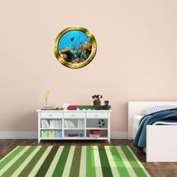 Underwater 3D Porthole Side Vinyl Coral Reef Fish Decal Family Wall Art Window Gold Portal Home Decor Gp19