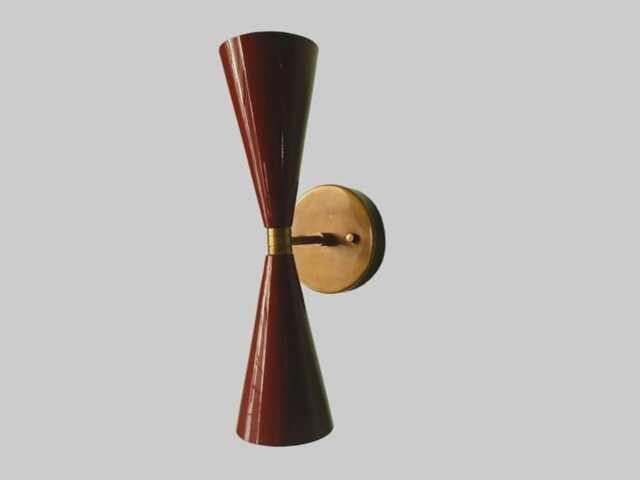 1950 Mid Century Pair Of Tuxedo Wall Sconce in Brass + Blood Red Enamel - Decor Light Round Metal Handmade Kitchen - image 1