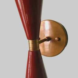 1950 Mid Century Pair Of Tuxedo Wall Sconce in Brass + Blood Red Enamel - Decor Light Round Metal Handmade Kitchen - thumbnail 2