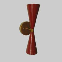 1950 Mid Century Pair Of Tuxedo Wall Sconce in Brass + Blood Red Enamel - Decor Light Round Metal Handmade Kitchen - thumbnail 3