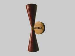 1950 Mid Century Pair Of Tuxedo Wall Sconce in Brass + Blood Red Enamel - Decor Light Round Metal Handmade Kitchen - thumbnail 1