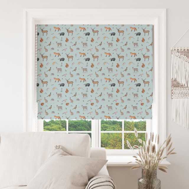 Custom Roman Blind Shade - Emma Lawrence Designs Made To Measure Window Treatment Forest Friends Duck Egg - image 1