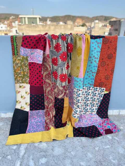 Handmade Cotton Kantha Quilt Reversible Block Print Patchwork Rustic Boho Blanket - image 1