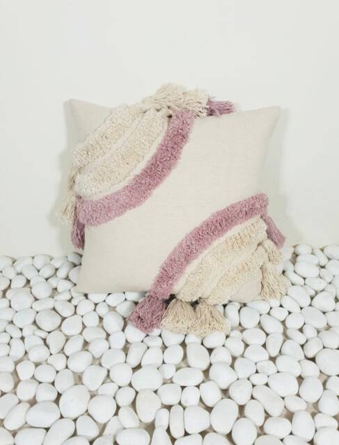 Pink Tufted Cotton Throw Pillow Boho Tassel Cushion - 45x45cm - image 1