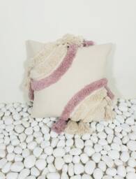 Pink Tufted Cotton Throw Pillow Boho Tassel Cushion - 45x45cm
