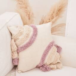 Pink Tufted Cotton Throw Pillow Boho Tassel Cushion - 45x45cm - thumbnail 3