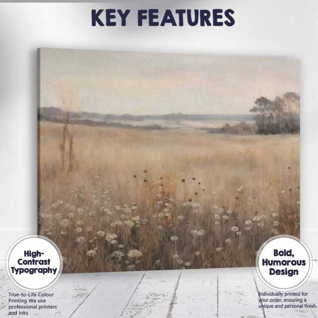 Neutral Meadow Wildflower Landscape Canvas Wall Art Print Decor Picture Ready To Hang - image 1