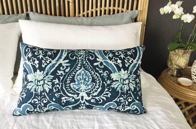 Sarasa Linen Cushion Cover, Teal Blue Floral Pillow - image 1