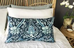 Sarasa Linen Cushion Cover, Teal Blue Floral Pillow