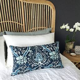 Sarasa Linen Cushion Cover, Teal Blue Floral Pillow - thumbnail 2