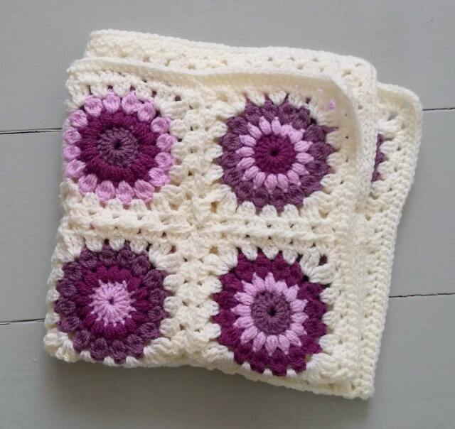 Rts Granny Squares Crochet Layering Baby Blanket in Cream & Purples/ Handmade Posing Photo Prop - image 1