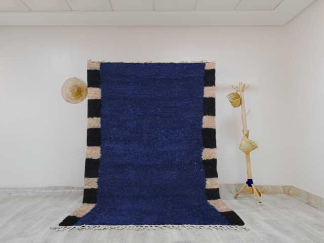 Forest Blue Beni Ourain Rug - Hand-Knotted Moroccan Wool Minimalist Design Striped Border Eco-Friendly Decor - image 1