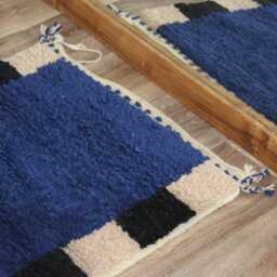 Forest Blue Beni Ourain Rug - Hand-Knotted Moroccan Wool Minimalist Design Striped Border Eco-Friendly Decor - thumbnail 2